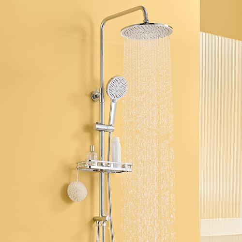 Auralum Regendusche ohne Armatur, Edelstahl Duschsystem mit Messing-Wasserteiler, Bohrfree-Regal, Ø250mm Überkopfbrause Duschset, Badezimmer Dusche Komplett Set, Duschgarnitur mit Regendusche, Chrom
