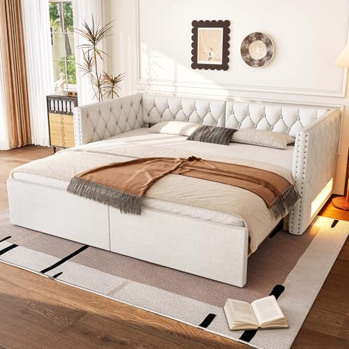 Wiuzo Cama de día extensible de 90 x 200 cm con acolchado y luz LED, diván de 90 x 200 a 180 x 200, color beige