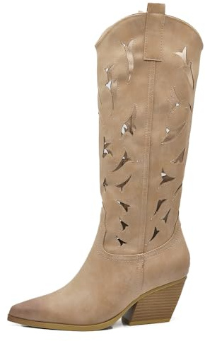 IF Stivali Alti Texani Donna Western in Pelle Sintetica Vegana, Design Traforato, Tacco Medio e Punta Affusolata G710 beige 37