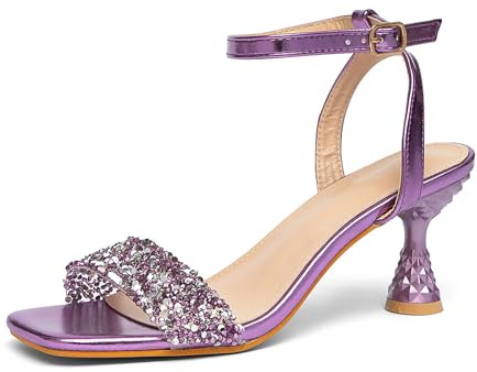 Sandalias de tacón alto decoradas con diamantes de imitación para mujer, tacones brillantes, punta cuadrada, tacones plateados brillantes, zapatos de oro rosa para mujer, sandalias elegantes, Purple