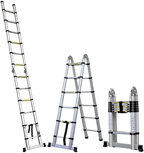 12.5ft 3.8M Extension Ladder Stainless Steel Multi-Purpose Telescopic Ladders Portable Compact Folding A-Frame Step Ladders for Outdoor & Indoor (1.9m+1.9m)