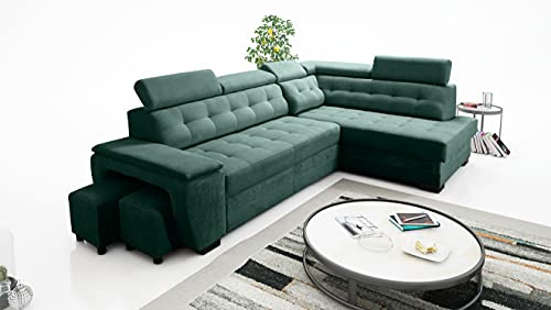 Robin Inspire Grand Divano angolare con funzione di letto cassetto per la biancheria due pouf poggiatesta regolabile angolo a destra verde scuro 277 x 180 x 100