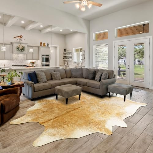 Rtizon Cow Hide Rug for Living Room, Washable Cowhide Rug, Faux Animal Skin Rugs, Non-Slip Cow Print Area Rugs, 4x5 Feet Cowhide Rugs for Bedroom Office Kitchen Fireplace, Khaki