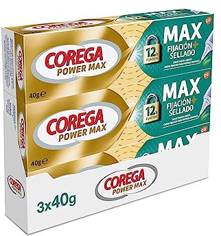 Corega Max Fijación + Sellado, Crema Fijadora Para Prótesis Dentales, Hasta 12 horas de Fijación, Sabor Menta, Pack 3 x 40 g
