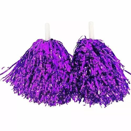 SKYTE 2Pcs Cheerleading Pom Poms Fluffy PomPoms Cheer Metallic Strips With Plastic Handle, Cheerleader Pompoms for Sports Matches, Stage Performance (Purple),S