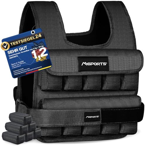 MSPORTS Gilet Pesi Regolabile 5-30 kg - Alta Qualità per Corsa e Fitness | Uomo e Donna (20 kg, Nero)