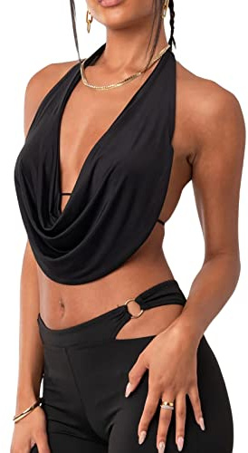 Haut court dos nu à licou pour femme Y2k Col bénitier Sans manches froncé Camisole Débardeur Fairy Grunge Vintage Mini gilet d'été Clubwear, Noir , S