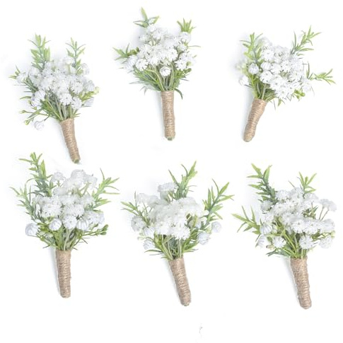 YSUCAU Natural White Boutonnieres for Men Wedding,Set of 6, Groom and Groomsmen Boutonniere for Rustic Fall Vintage Wedding, Prom and Homecoming