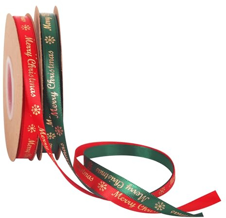 2 Rolls x 22m Red and Green Christmas Ribbon for Gift Wrapping Satin Ribbons 10mm Wide, Thin Christmas Red and Green Ribbon for Gift Wrapping Xmas Crafts Cake Present Decorations 2/5 inch