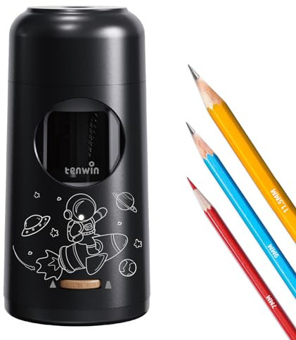 tenwin Electric Pencil Sharpener Rechargeable, Fully Automatic Pencil Sharpener for 7-11.5mm Large Pencils, Auto in&Out, Hands-Free Sharpener for Colored Pencils, Adjustable Pencil Nibs, Matte Black