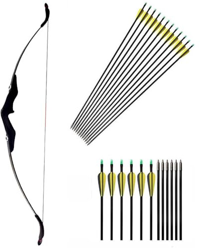 Recurve Bogen und Pfeile Set Bogenschießen Takedown Bogen Jagd 30/40lbs Erwachsene Jagdschießen Outdoor Anfänger Schießen mit Bogenschießen Zubehör Langbogen Set (40lbs+12Gelb Pfeile)