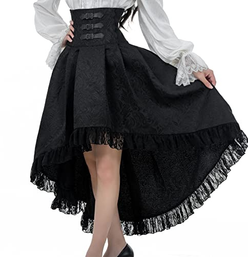 Fiamll Jupe gothique steampunk pour femme - Jupe pirate victorienne avec taille haute et volants, Noir , M