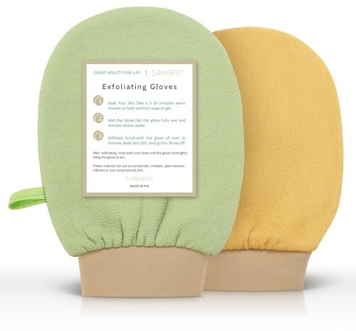 Sawnfay Peeling-Handschuh für Bad und Dusche, 100% vegane Viskose, Peeling-Körperschrubber, abgestorbene Hautentferner, Körperpeeling, Beige und Grün, 2 Stück.