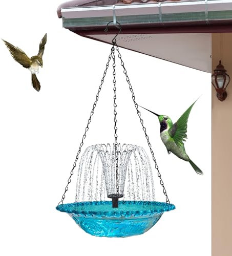Bain d'oiseaux suspendu avec fontaine solaire, fontaines à eau à énergie solaire, design élégant de bol de bain – Mangeoire à oiseaux d'extérieur pour balcon, jardin, cour