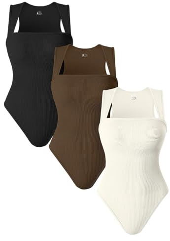 AIDEUX Body 3 Pièces Sans Manches Pour Femme - Col Carré Shapewear Débardeur Côtelé Minceur Sexy Sans Coutures - Noir Café Beige 1, M