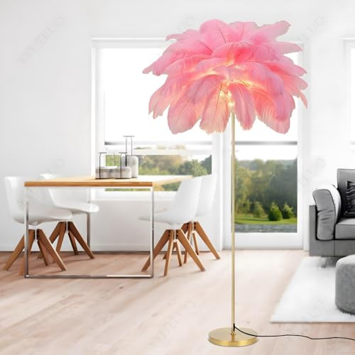 YYUTLUO Modern Fjäderlampa, Naturlig Strutsfjäder Golvlampa, 160cm Höjd, Guldstång Och Stående Lampa, 3 Färgtemperaturer G4 Led Lampor, Vardagsrum Barn Sovrum Kontor (Rosa)
