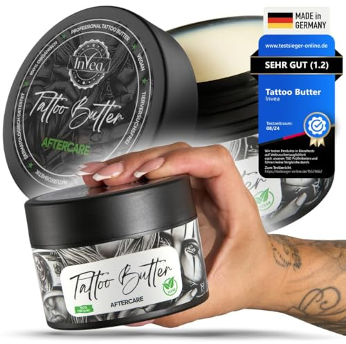Invea Tattoo smör [vattenfri] vegansk & djurförsöksfri kräm för färska tatueringar, professionell eftervård och sårvård | Naturlig formel, dermatologiskt testad | vårdprodukter | 250 ml