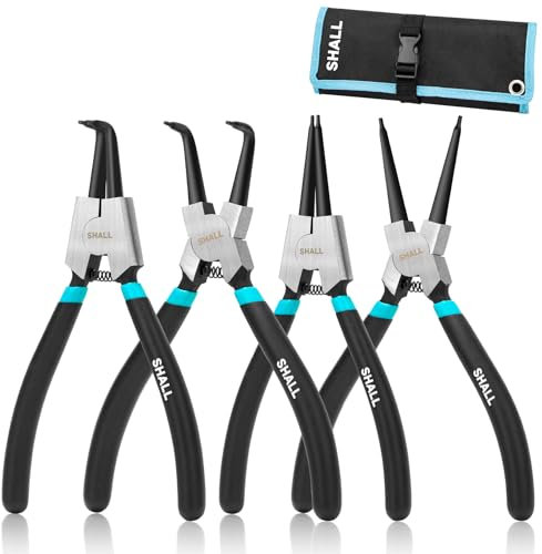 SHALL Alicates para anillos elásticos, 4 piezas, 7 pulgadas, profesionales, alicates para anillos elásticos internos y externos rectos/curvos (puntas de 90°), mangos antideslizantes