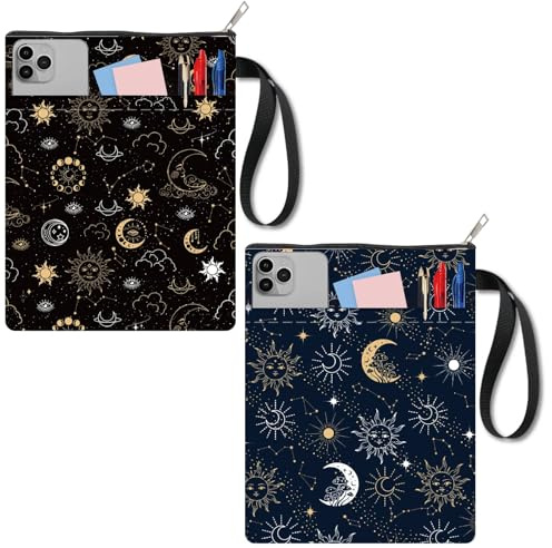 craspire 2 Stück Mond Buchhülle Mit Reißverschluss Sonnen Hardcover Zusätzliche Tasche Dunkle Taschenbücher Doppelseitiger Druck Waschbarer Stoff Wasserdichter Bücherregalschutz Für Tagebücher