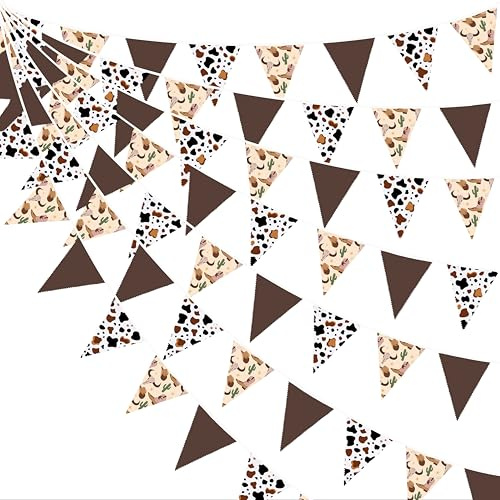 32Ft Western Cowboy Bunting Banner Party Decorations Brown Cow Print Fabric Triangle Flag Pennant Garland for Western Cowboys Cowgirls Birthday Baby Shower Derby Day Farm Cow Wild West Party Decor