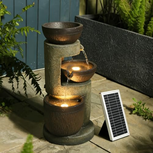Bumilgar 50cm H 3-Tier Natural Solar Garden Water Feature with LED Lights - Small Bowl Cascading Water Fountain Outdoor for Garden, Patio, Deck, Porch, Home Art Decor, Brown