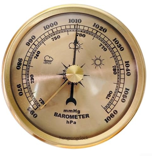 ousehold Barometer Clock, Weather Pressure Gauge (Gold) | Indoor Temperature Humidity Monitor, Vintage Metal Frame Weather Pressure Gauge for Home Office