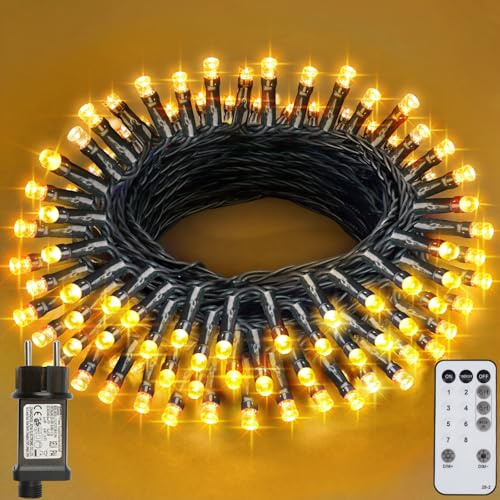Realky Luci Albero di Natale, 12M 100 LED Luci Natalizie da Esterno ed Interno, 8 Modalità con Funzione Memoria e Telecomando Luci di Natale per Giardino, Balcone, Casa, Festa - Bianco Caldo