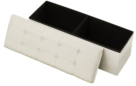 VEVOR Banc de rangement pliable en lin, coffre de rangement rembourré avec poches latérales, banquette rabattable charge de 299,37 kg, pouf de bout de lit, pour salon, chambre à coucher, entrée, beige