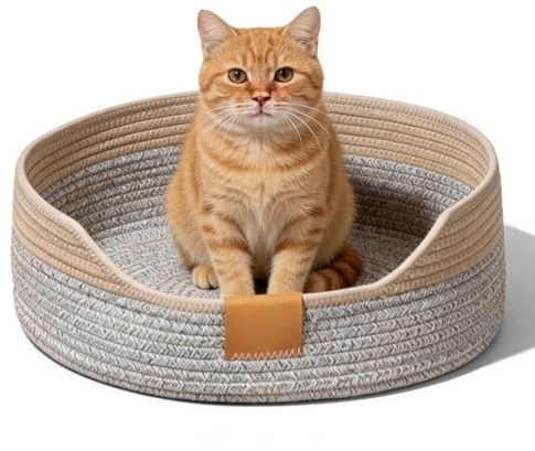 PORFOYO Cestino Per Gatti, Cuccia Per Gatti Intrecciata, Niche En Rotin Pour Chat, Traspirante, Lavabile, 50 X 15 Cm, In Corda Di Cotone Intrecciata Per Dormire Tutti, Grigio E Cachi
