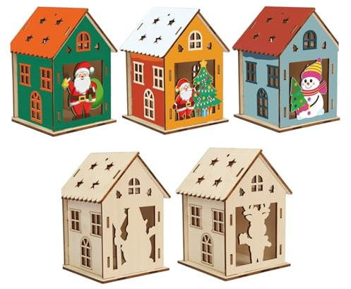 Porgeel 5-pack trähus för hantverk 3D gör-det-själv julhantverk för barn med borste och klistermärken och band julhus julfest skolaktiviteter