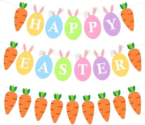 Easter Decorations Happy Easter Banner – Cute Bunny Ear Egg Carrot Party Bunting, Reusable Colourful Hanging Garland for Decorating Easter Party, Spring Celebrations, Home, Garden (Easy to Hang)