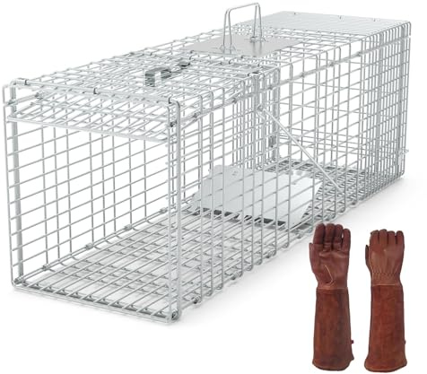 Humane Animal Trap Cage Collapsible Cat Trap Cage Live Animal Rodent Cage with Gloves Galvanized Wire for Raccoons Beavers Groundhogs Armadillos