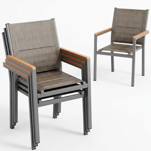 LIFERUN Trädgårdsstol set om 4, stapelbar matstol i aluminium, med quiltat ryggstöd och sits, WPC ledstång, balkongstolar för trädgård, terrass, balkong, pool, restauranger, linbrun, 4 st