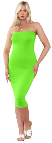 Hamishkane® Vestido midi ajustado para mujer, sin tirantes, ajuste delgado, elástico, para mujer, Reino Unido, verano, largo sin tirantes, para fiesta, verde neón, 40-42