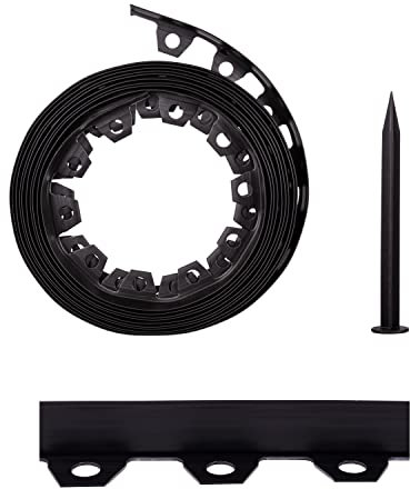 Lawn Garden Edging Border with Heavy-Duty Ground Stakes 32ft | 10m Black 6CM High Flexible Flower Bed Edge and Reinforced Plastic Pegs, Professional Landscape Dividers, All Weather Resistant