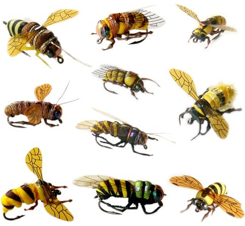 Angelfliegen-Set mit Box – Nymphen, trocken, nass, Luftschlangen, realistische Fliegen (Dutzend Sorten Bienen), 10 Stück