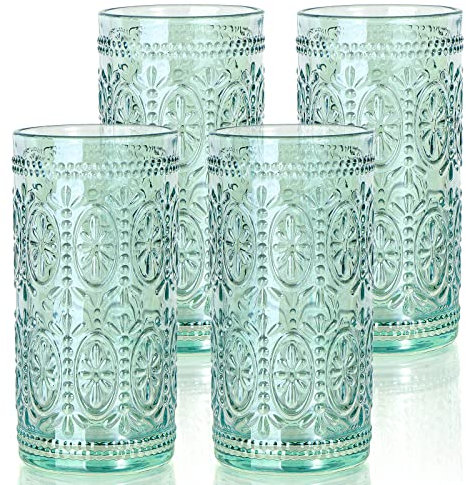 Juego de 4 vasos verdes para beber vintage, vasos de vidrio de colores, vasos de bebida Highball, vasos de bebida vintage, juego de cristalería vintage para agua, jugo, cóctel, café