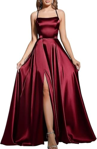Babyonline D.R.E.S.S. Robe de Bal Longue Elégante en Satin Fendue Robe pour Mariage Invitée Femme Temoin Bordeaux 38