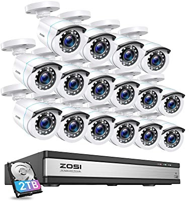 ZOSI Kit Cámaras de Vigilancia (12) 2MP Cámara de Seguridad Exterior con 16CH 1080p H.265+ CCTV Grabador DVR y 2TB Disco Duro, Visión Nocturna, Alarma de Movimiento