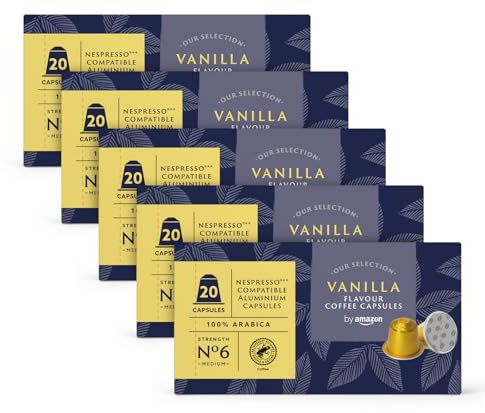 by Amazon Café Vanille, Capsules en Aluminium Compatibles Nespresso, 100 unités (5 paquets x 20) - Certifié Rainforest Alliance