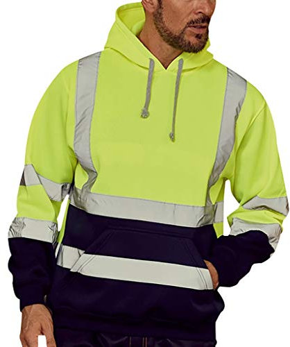 Chaqueta de advertencia para hombre, chaqueta de trabajo, reflectante, sudadera con capucha para hombre, con cremallera, bolsillo para obras, chaqueta de seguridad, sudadera con capucha, amarillo,