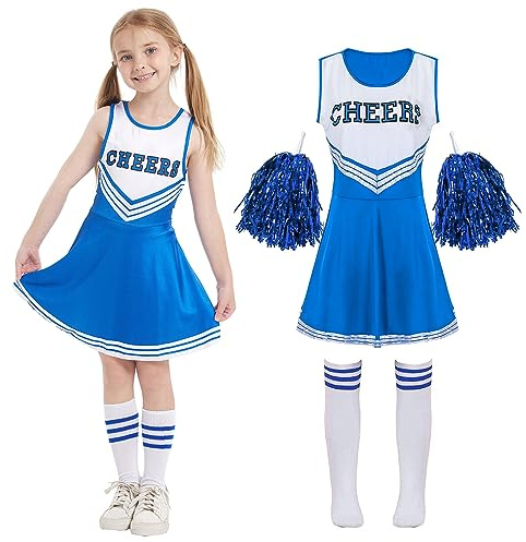 Cnexmin Cheerleader Kostüm Kinder Cheerleading Uniform Kleid Cheerleadering Outfit Mädchen mit Pompoms Socken Halloween Weihnachten Karneval Prinzessin Geburtstag Party Verkleidung Kinder，Blue 110