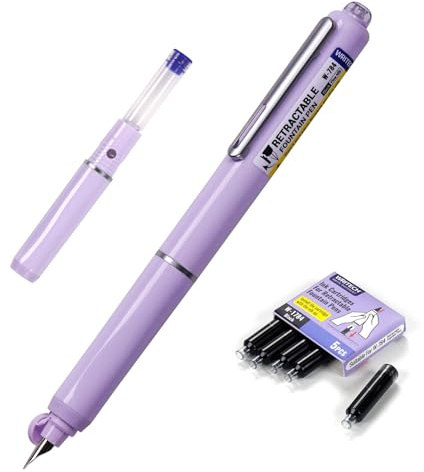 WRITECH Fountain Pen Fine Nib: Retractable Black Ink Pens Set Includes 5 Ink Cartridges Smooth Writing for Calligraphy Sketching Journaling Gift (Purple)