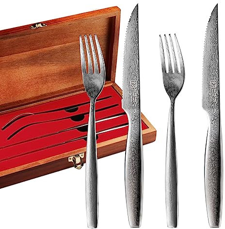 KEEMAKE Damast Messer Steakbesteck Set 4PCS, Damast Steakmesser Set mit Wellenschliff und Steakgabel, Tafelbesteck mit Holzes Geschenkbox
