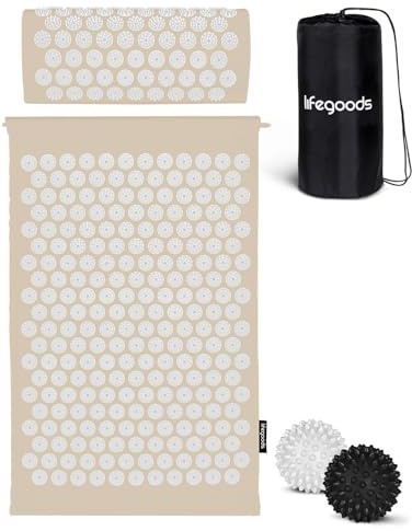 LifeGoods Esterilla de acupresión con cojín – Esterilla de acupresión – Esterilla de acupresión + – Esterilla de acupuntura – Alfombrilla de masaje – Espalda – Esterilla de púas – Esterilla de Faquir