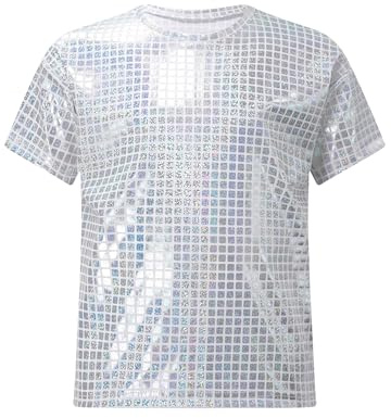 Enfant Fille Garçon T-Shirt Métallique Manches Courtes Haut de Danse Courte à Paillettes Costume Danse Moderne Jazz Hip-hop Costume Disco Carnaval 2-16 Ans Argenté 9-10 Ans