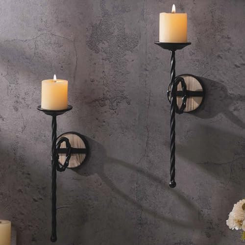 GAKA FAVOR Wandhalter für Kerzen, Schwarz Metall Wandkerzenhalter Fackel, Kerzenständer für Wandmontage, Hänge Wand Kerzenhalter Deko(2er Set)