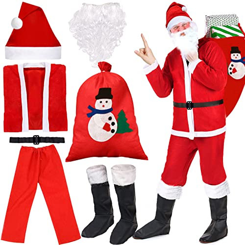 NEMMXUB Costume de Père Noël Adulte 7pcs - Déguisement Rouge pour Saint Nicolas, Noël, Carnaval, Fête - Avec Chapeau, Barbe, Ceinture