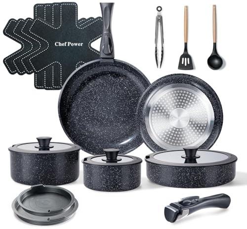 Chef Power Ceramic Nonstick Cookware Set 19 Piece with Detachable Handle, Induction Dishwasher Oven Safe Pans and Pots Set, RV Kitchen Set Removable Handle, Rock Stone Black