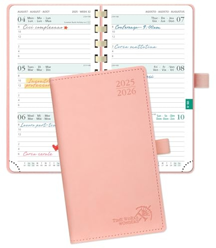 POPRUN Agenda De poche 2025 2026 Semainier 16,5 x 9 cm D'Août 2025 à Déc 2026 - Petit Planner Scolaire 17 Mois avec Couverture Souple Spirale, Fente Pour Carte, Papier 80g/m², Rose